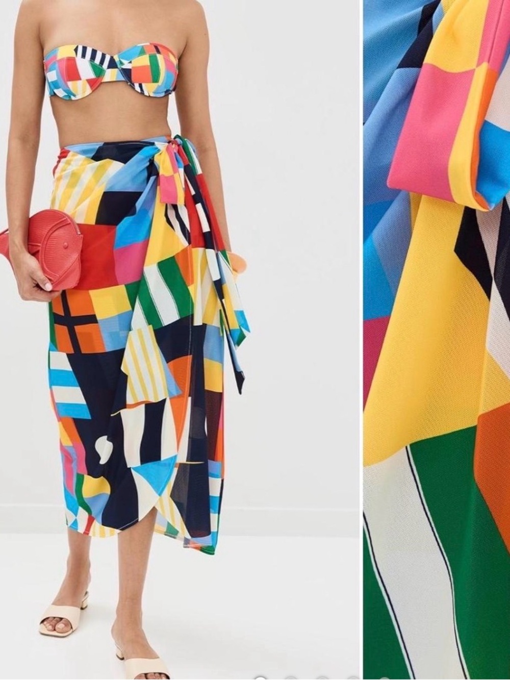 STAUD Multicolor Geometric Wrap Skirt in Red, Blue and Yellow